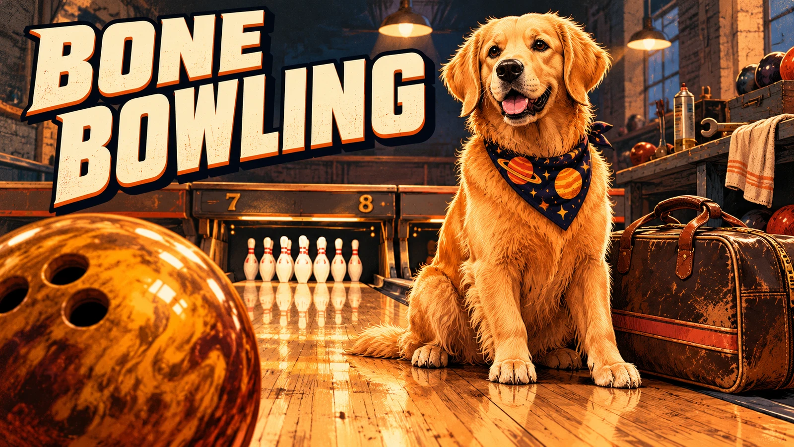 Bone Bowling: a natural golden retriever in a planet-pattern bandana at a restored maple bowling lane.